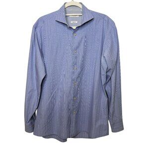 Isaac Mizrahi Shirt Mens Button Down Slim Fit Preppy Size 16.5 34 35 Blue Plaid